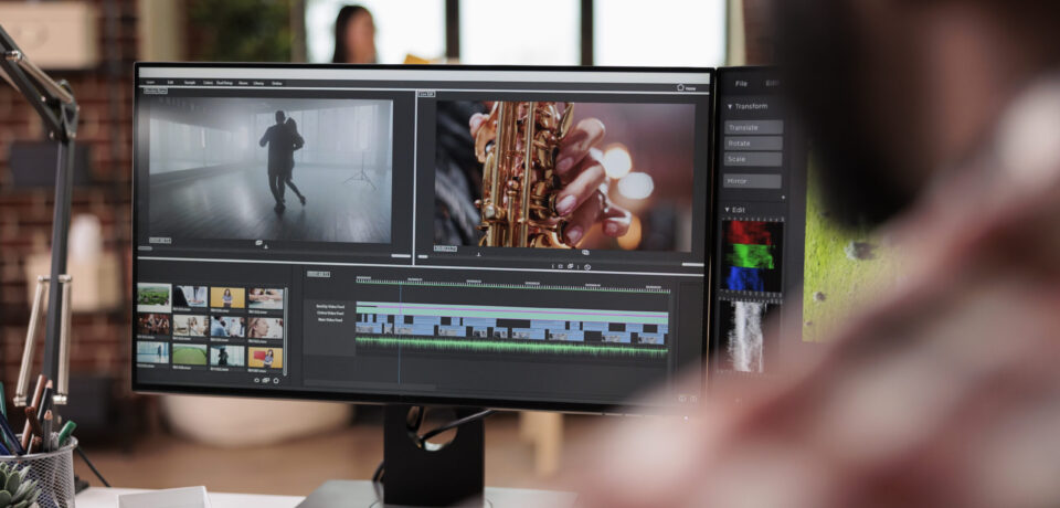 Male videographer editing video montage on post production software, working on computer. Creating movie content with color grading, edit creative multimedia film footage on app.