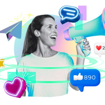 Woman png holding megaphone, digital marketing remix, transparent background