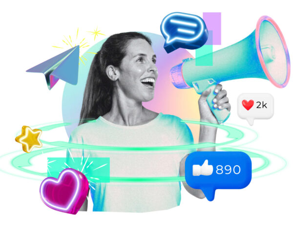 Woman png holding megaphone, digital marketing remix, transparent background