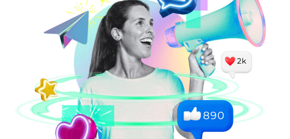 Woman png holding megaphone, digital marketing remix, transparent background